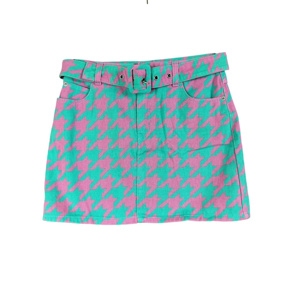 Signature 8 Mini Skirt Pink Green Houndstooth Belted Denim Medium